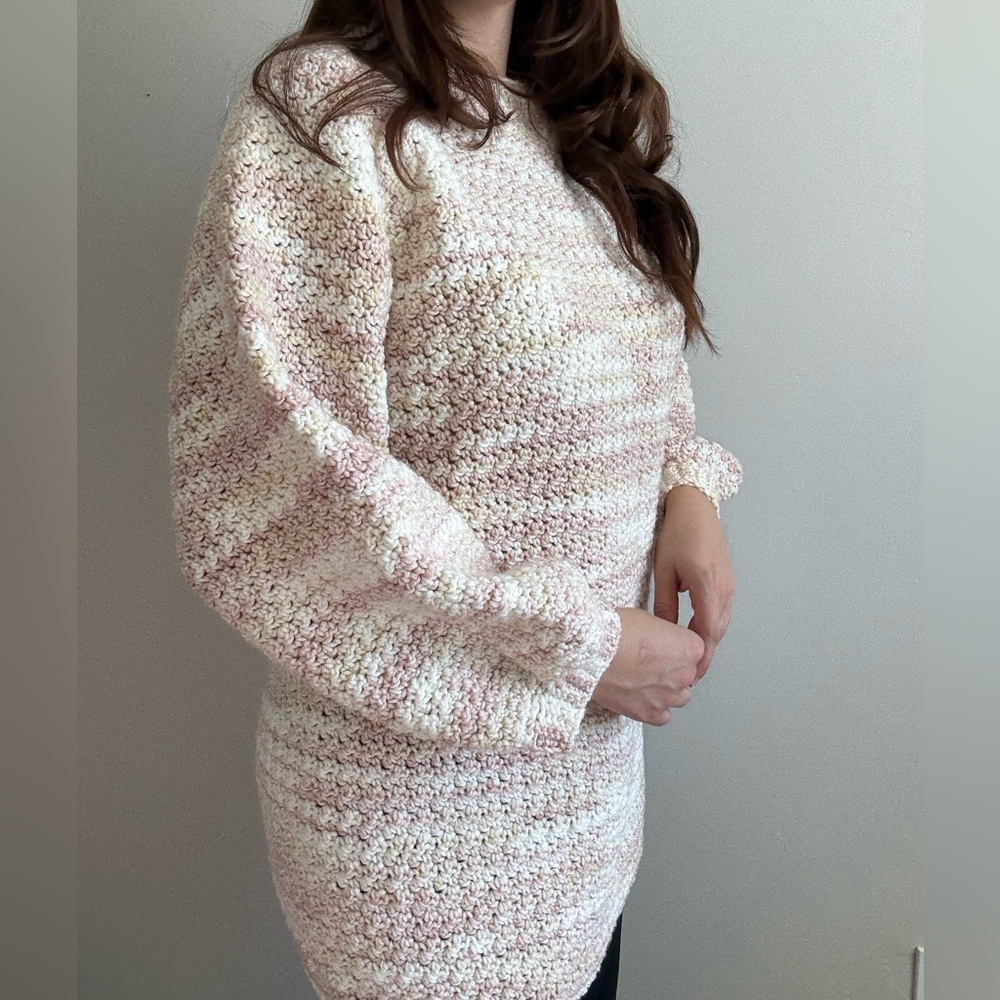 Handknit Crochet Woven Sweater Yellow/Pink/White Balloon Flowy Sleeves L/XL